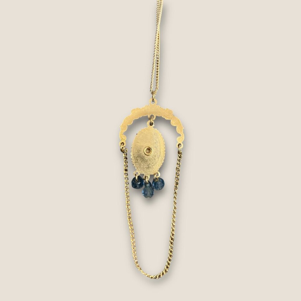 Vintage Gold Floral Porcelain Pendant Necklace With Blue Beads & Chain Accents - Picture 5 of 5